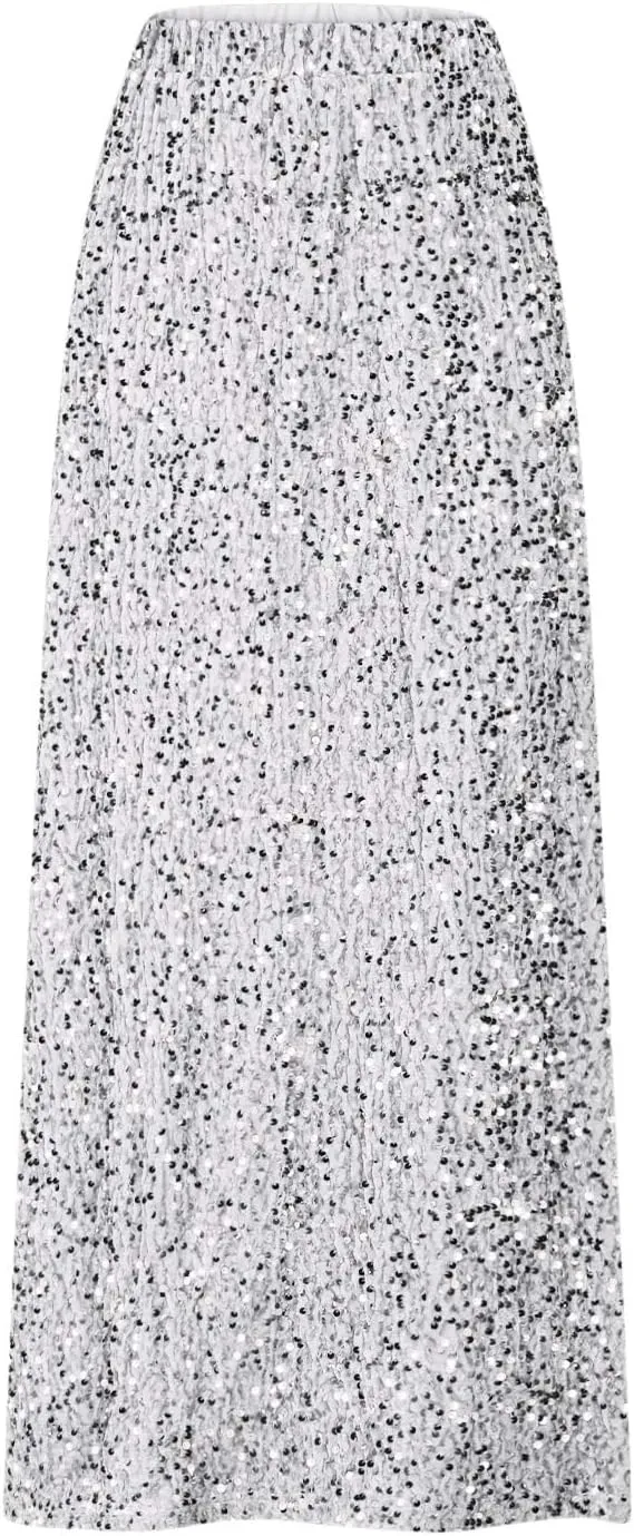 Womens Sparkly Sequin Long Skirt High Elastic Waist Glitter Sparkle A Line Maxi Skirt Night Out Party Wear for Ladies