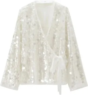 Women's Sparkly Sequin Shirt Tie Front Loose Tops Long Sleeve V Neck Glitter Blouse
