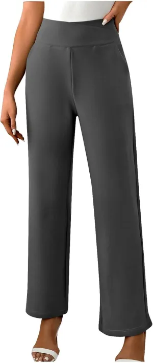 Women's Straight Leg Pants Casual Cotton Trousers High Waisted Yoga Pants Solid Color Palazzo Pant Office Work