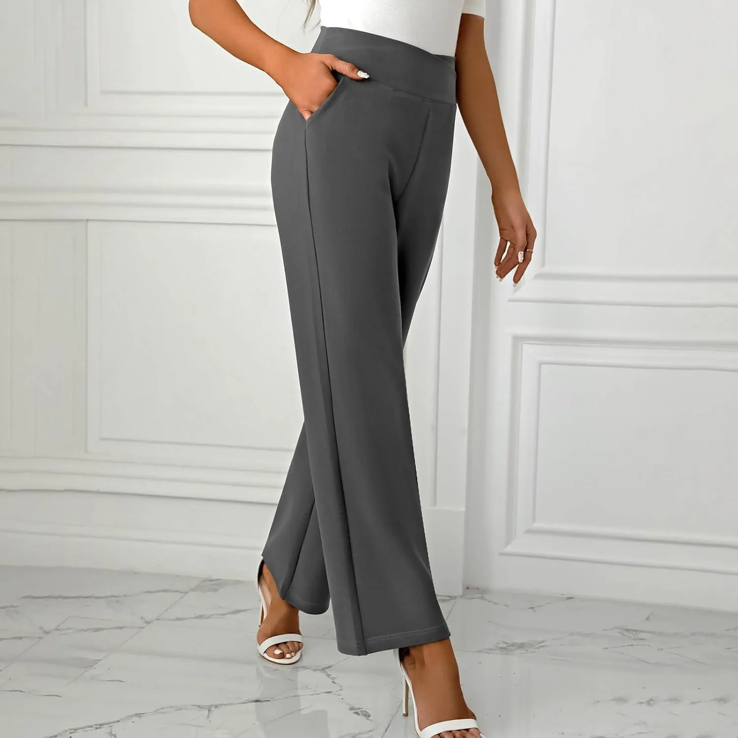 Women's Straight Leg Pants Casual Cotton Trousers High Waisted Yoga Pants Solid Color Palazzo Pant Office Work