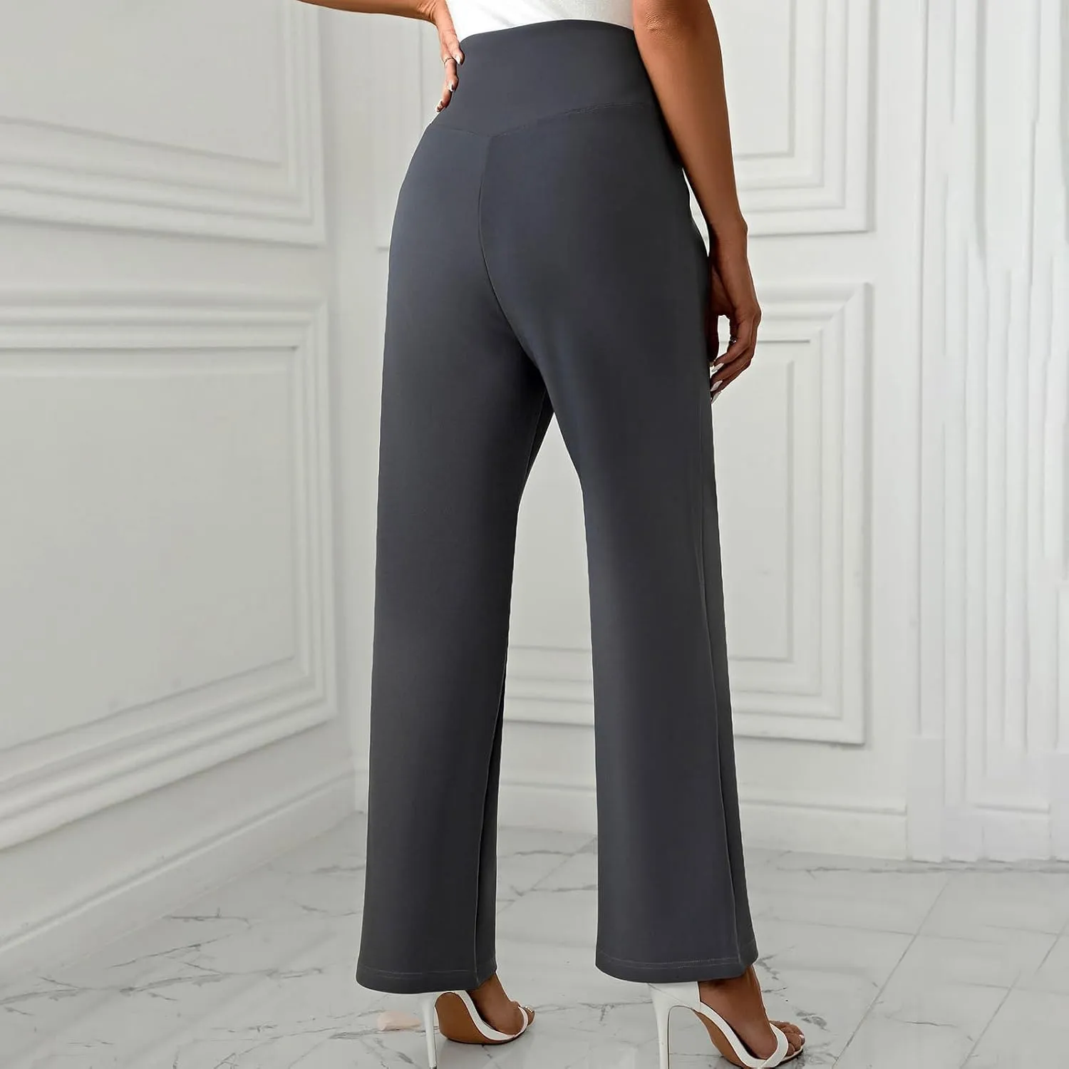 Women's Straight Leg Pants Casual Cotton Trousers High Waisted Yoga Pants Solid Color Palazzo Pant Office Work
