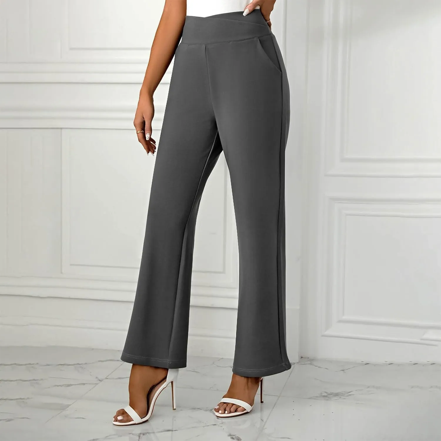 Women's Straight Leg Pants Casual Cotton Trousers High Waisted Yoga Pants Solid Color Palazzo Pant Office Work