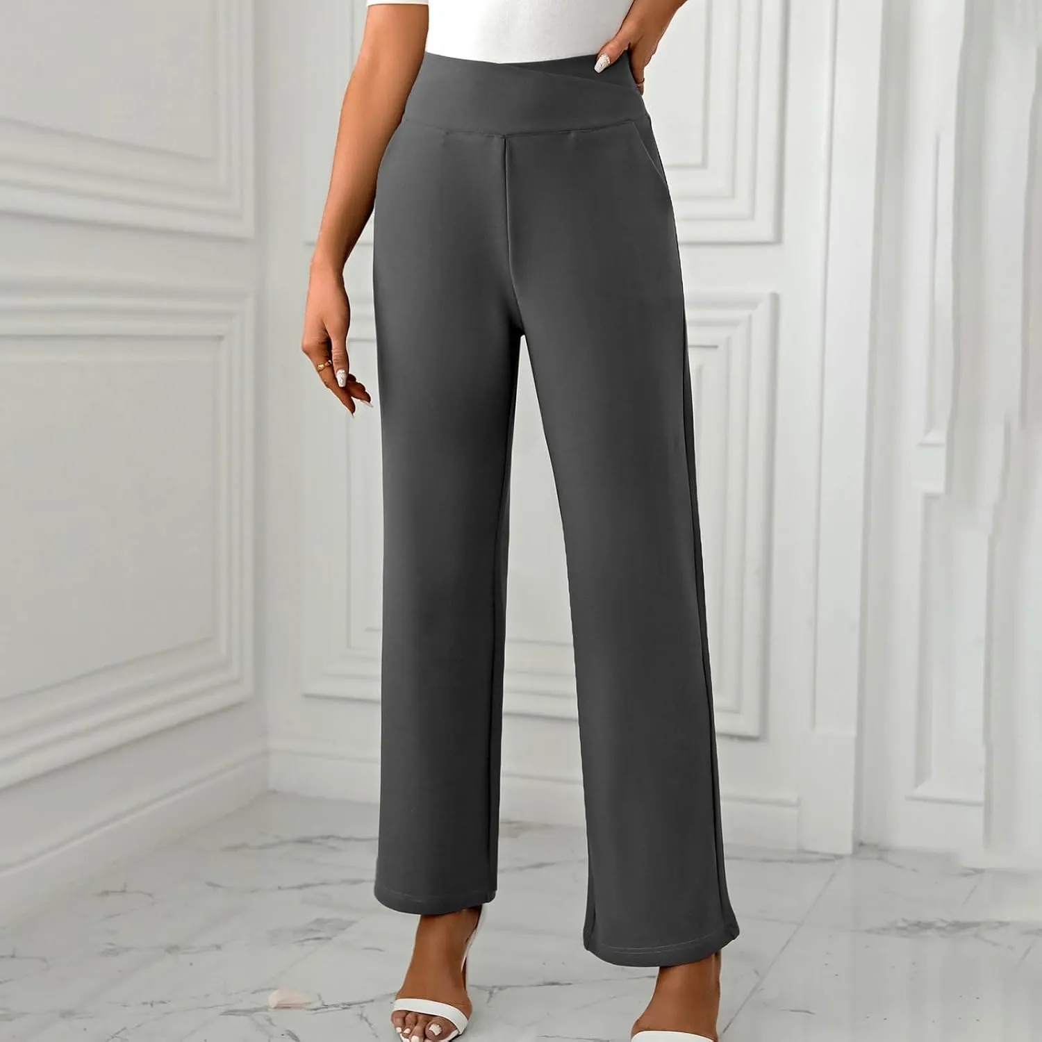 Women's Straight Leg Pants Casual Cotton Trousers High Waisted Yoga Pants Solid Color Palazzo Pant Office Work
