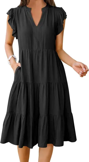 Womens Summer Dress Fashion Ruffle Sleeve V Neck Midi Dresses Trendy Flowy Tiered Beach Vacation Boho Sundress 2025