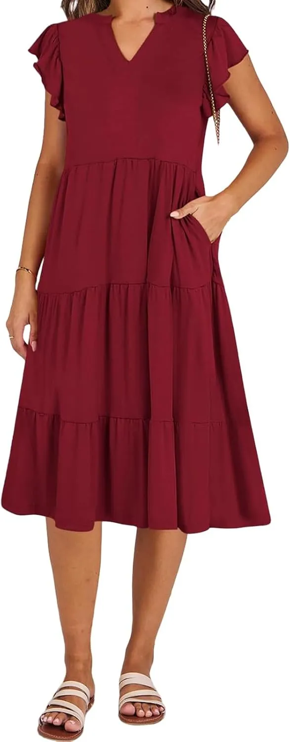 Womens Summer Dress Fashion Ruffle Sleeve V Neck Midi Dresses Trendy Flowy Tiered Beach Vacation Boho Sundress 2025