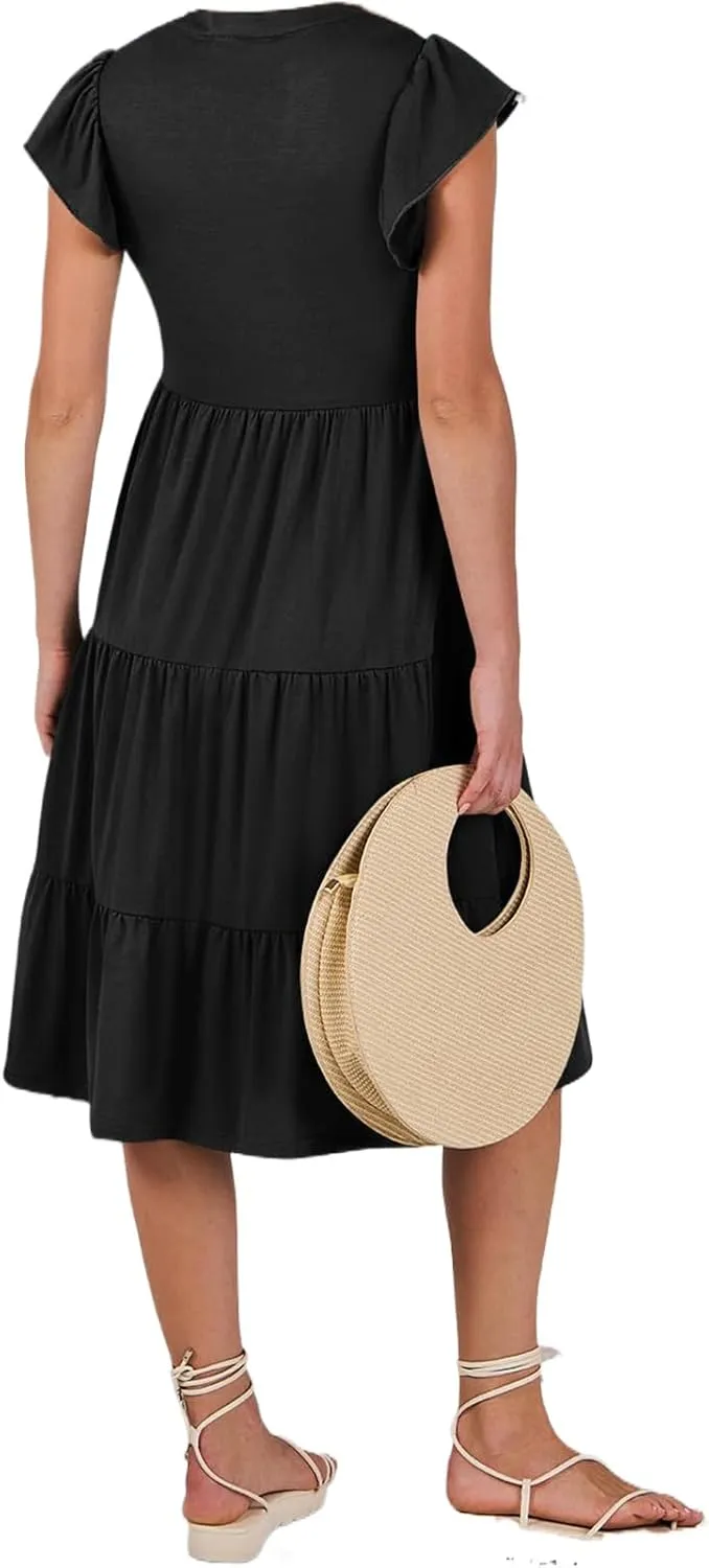 Womens Summer Dress Fashion Ruffle Sleeve V Neck Midi Dresses Trendy Flowy Tiered Beach Vacation Boho Sundress 2025