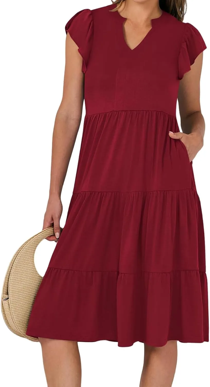 Womens Summer Dress Fashion Ruffle Sleeve V Neck Midi Dresses Trendy Flowy Tiered Beach Vacation Boho Sundress 2025