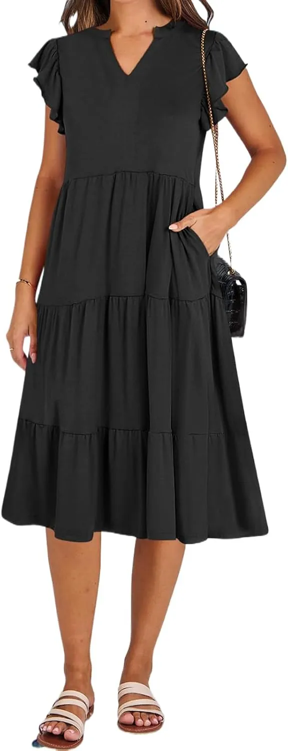 Womens Summer Dress Fashion Ruffle Sleeve V Neck Midi Dresses Trendy Flowy Tiered Beach Vacation Boho Sundress 2025