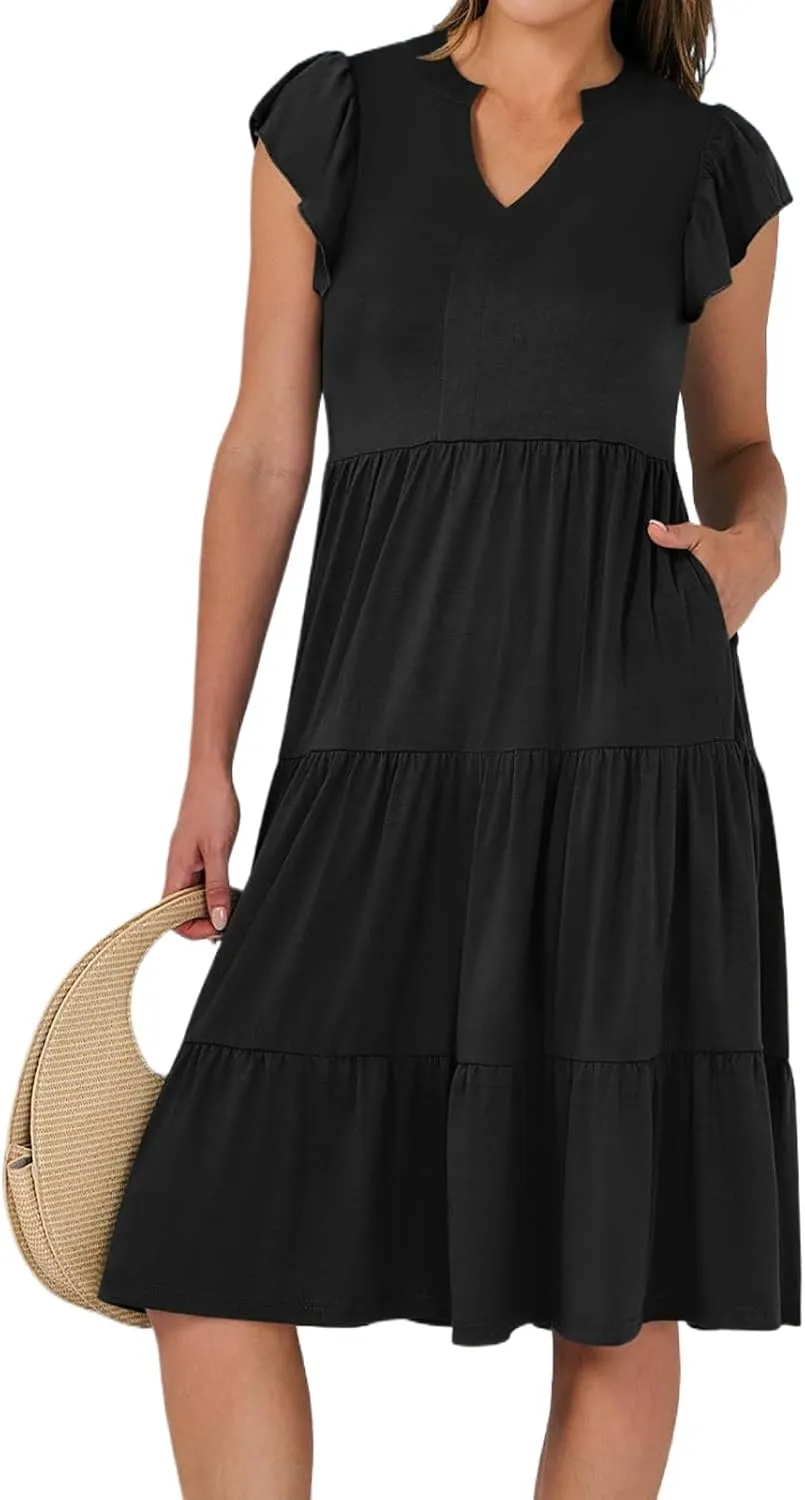 Womens Summer Dress Fashion Ruffle Sleeve V Neck Midi Dresses Trendy Flowy Tiered Beach Vacation Boho Sundress 2025