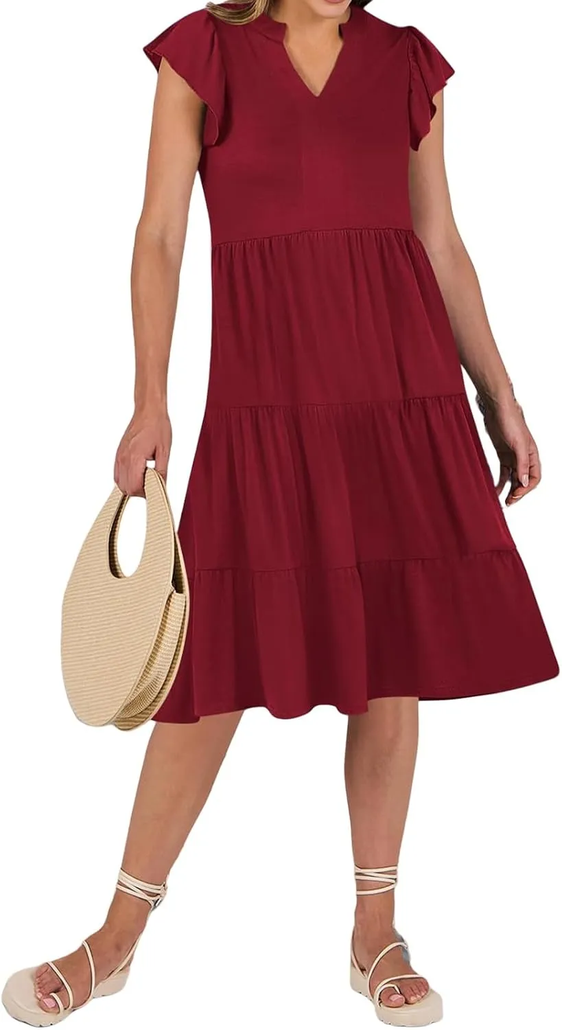 Womens Summer Dress Fashion Ruffle Sleeve V Neck Midi Dresses Trendy Flowy Tiered Beach Vacation Boho Sundress 2025