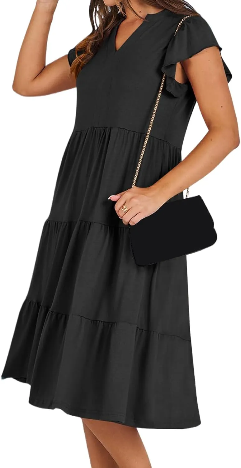 Womens Summer Dress Fashion Ruffle Sleeve V Neck Midi Dresses Trendy Flowy Tiered Beach Vacation Boho Sundress 2025