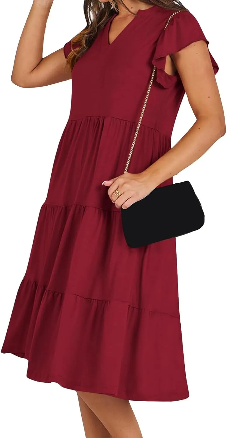 Womens Summer Dress Fashion Ruffle Sleeve V Neck Midi Dresses Trendy Flowy Tiered Beach Vacation Boho Sundress 2025