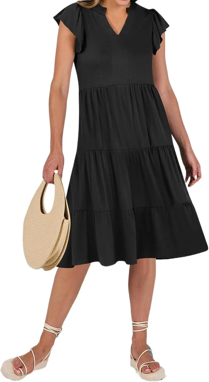 Womens Summer Dress Fashion Ruffle Sleeve V Neck Midi Dresses Trendy Flowy Tiered Beach Vacation Boho Sundress 2025
