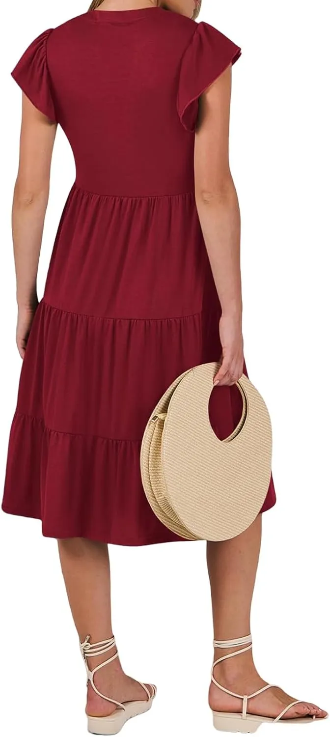 Womens Summer Dress Fashion Ruffle Sleeve V Neck Midi Dresses Trendy Flowy Tiered Beach Vacation Boho Sundress 2025