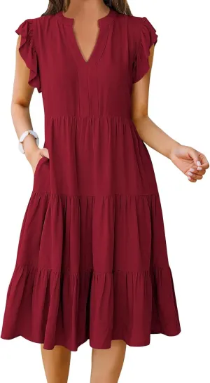 Womens Summer Dress Fashion Ruffle Sleeve V Neck Midi Dresses Trendy Flowy Tiered Beach Vacation Boho Sundress 2025