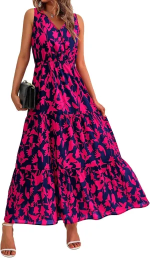 Womens Summer Dress Sleeveless V Neck Cute Floral Maxi Dresses Casual Flowy Swing Wedding Guest Long Dress