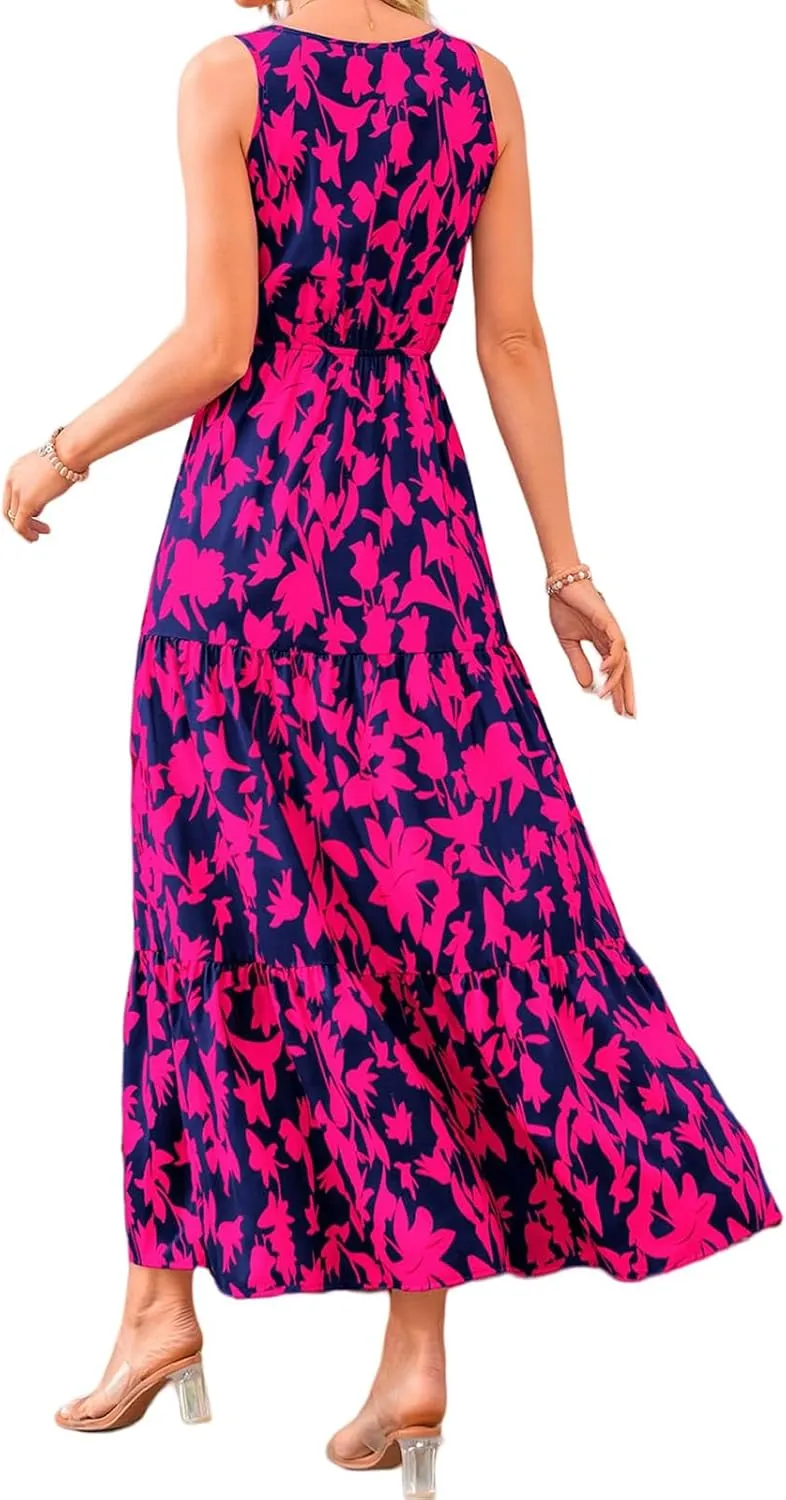 Womens Summer Dress Sleeveless V Neck Cute Floral Maxi Dresses Casual Flowy Swing Wedding Guest Long Dress