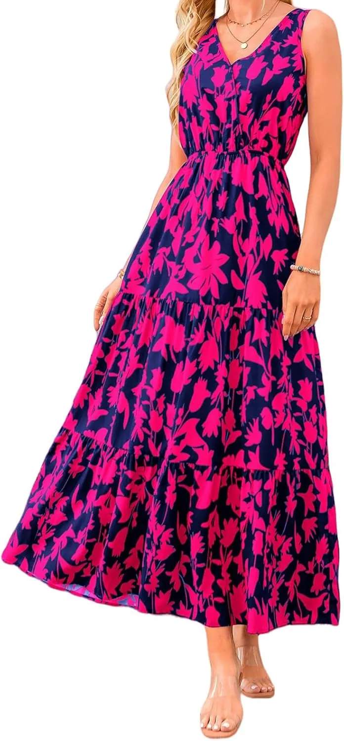 Womens Summer Dress Sleeveless V Neck Cute Floral Maxi Dresses Casual Flowy Swing Wedding Guest Long Dress