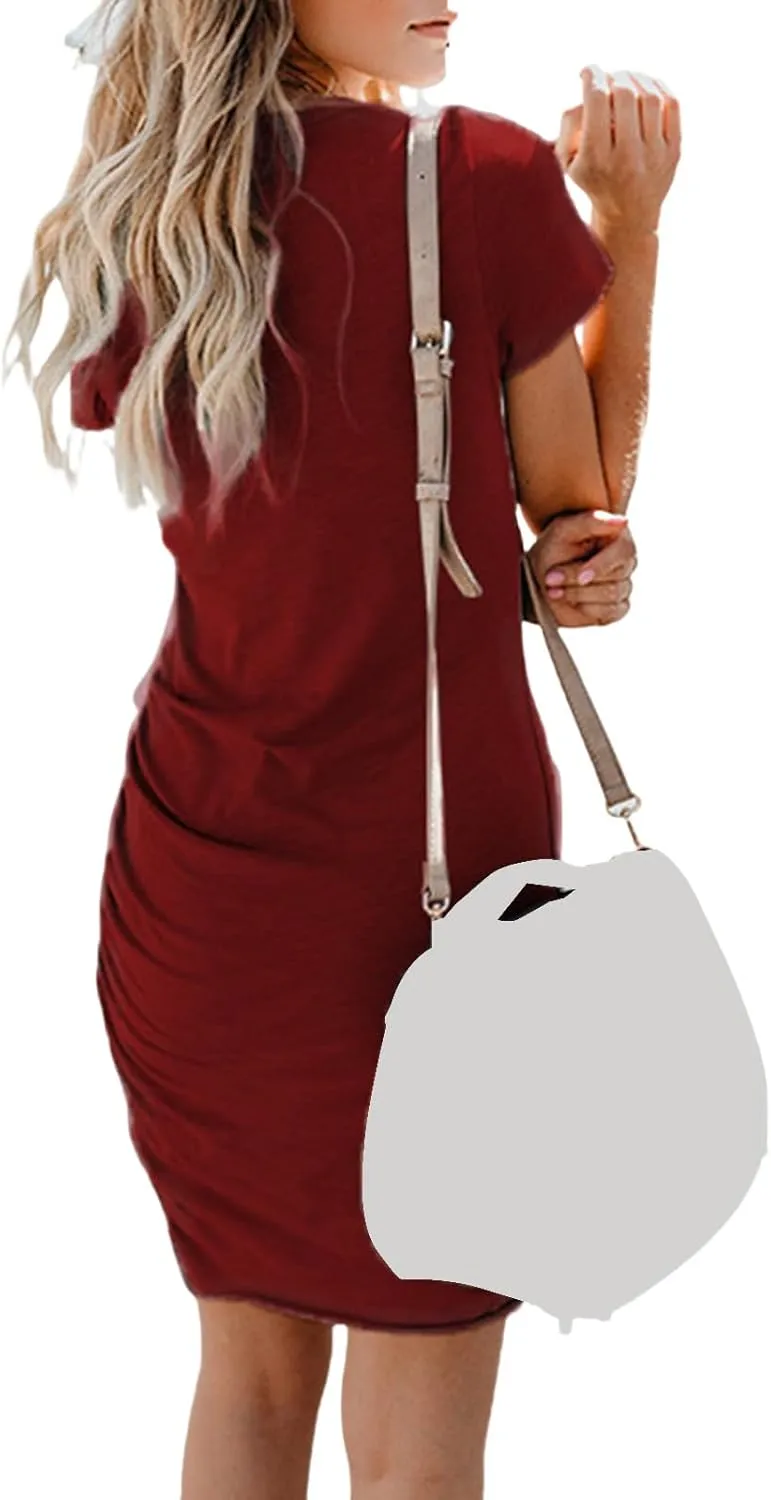 Womens Summer Dresses Casual Round Neck Short Sleeve Mini Dress Lightweight Slim Fit Solid Color Irregular Hem Dress