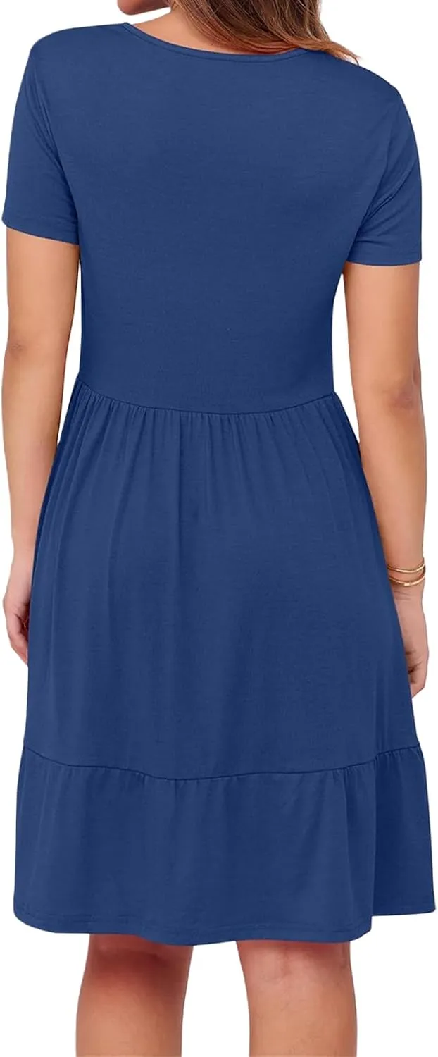 Womens Summer Dresses Casual Square Neck Short Sleeve A Line Midi Dress Loose Fit Tunic Ruffle Hem Beach Sundress