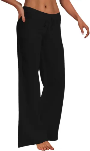 Womens Summer Flowy Linen Palazzo Wide Leg Pants Jogger High Waist Pant Boho Long Lounge Trouser with Pockets