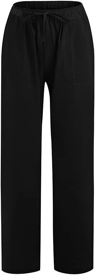 Womens Summer Flowy Linen Palazzo Wide Leg Pants Jogger High Waist Pant Boho Long Lounge Trouser with Pockets