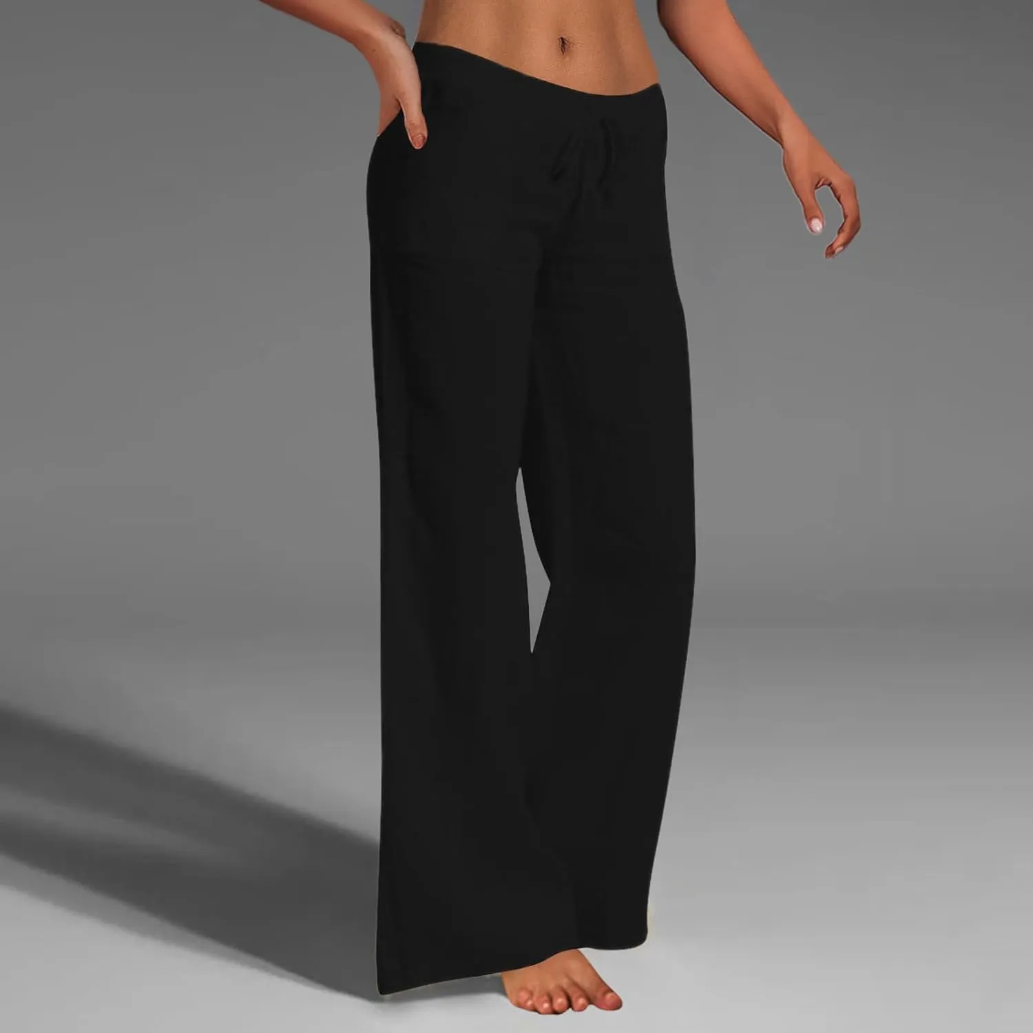 Womens Summer Flowy Linen Palazzo Wide Leg Pants Jogger High Waist Pant Boho Long Lounge Trouser with Pockets