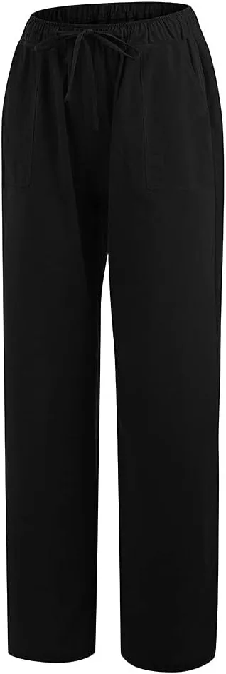 Womens Summer Flowy Linen Palazzo Wide Leg Pants Jogger High Waist Pant Boho Long Lounge Trouser with Pockets