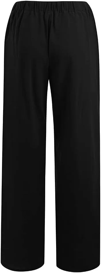 Womens Summer Flowy Linen Palazzo Wide Leg Pants Jogger High Waist Pant Boho Long Lounge Trouser with Pockets