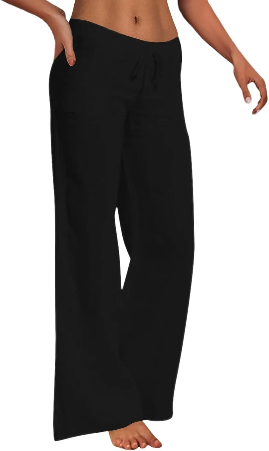 Womens Summer Flowy Linen Palazzo Wide Leg Pants Jogger High Waist Pant Boho Long Lounge Trouser with Pockets