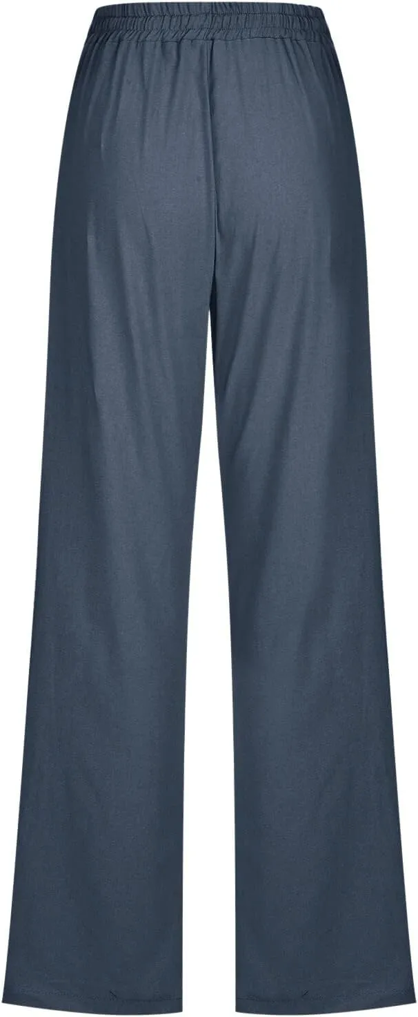 Womens Summer Flowy Linen Palazzo Wide Leg Pants Workout High Waist Pant Tie Side Trouser with Pockets
