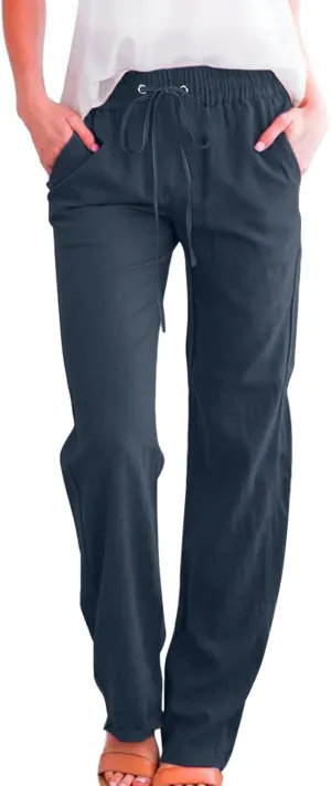 Womens Summer Flowy Linen Palazzo Wide Leg Pants Workout High Waist Pant Tie Side Trouser with Pockets