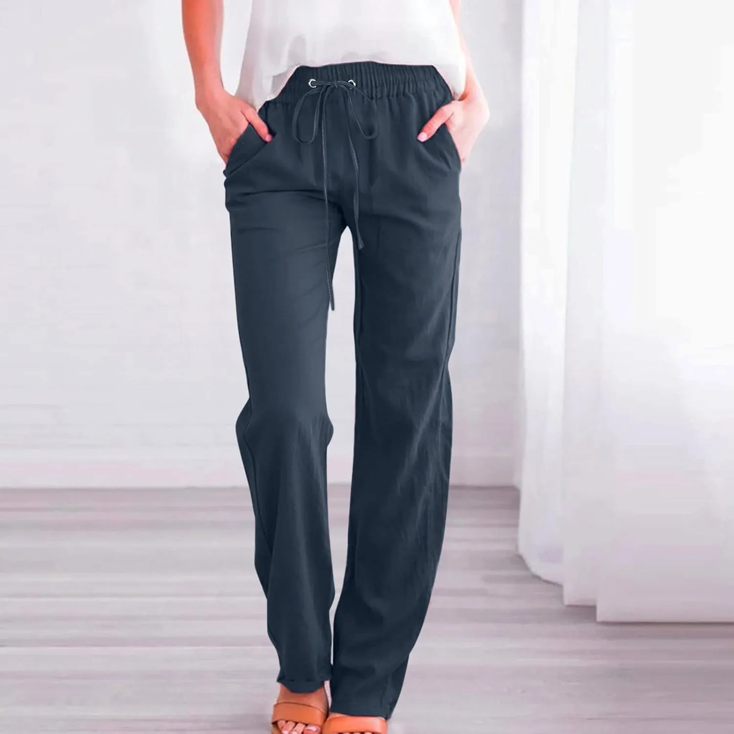Womens Summer Flowy Linen Palazzo Wide Leg Pants Workout High Waist Pant Tie Side Trouser with Pockets
