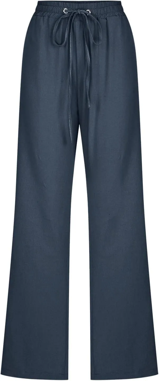 Womens Summer Flowy Linen Palazzo Wide Leg Pants Workout High Waist Pant Tie Side Trouser with Pockets