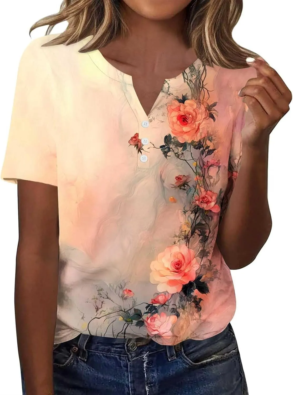 Womens Summer Tops Short Sleeve V Neck Henley Tops Floral Shirts Elegant Dressy Blouse Tunic Causal Loose Fit Tees