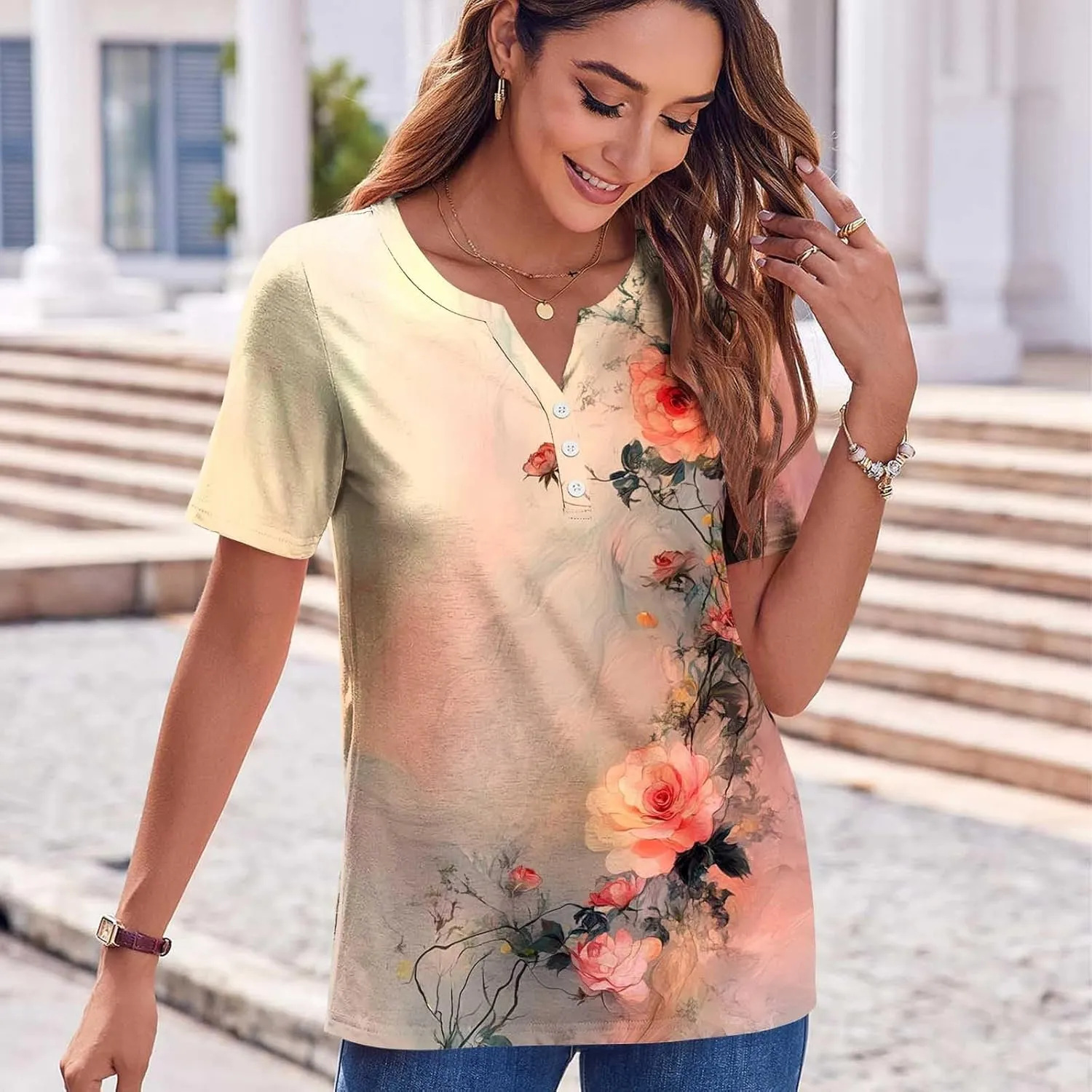 Womens Summer Tops Short Sleeve V Neck Henley Tops Floral Shirts Elegant Dressy Blouse Tunic Causal Loose Fit Tees