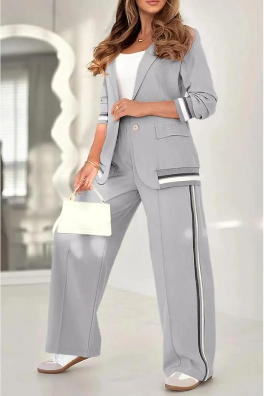 Women's Two Piece Sets Pants Suits 2 Piece Blazer Set Business Casual Blazer Jackets and Dressy Wide Leg Pant Suit Set