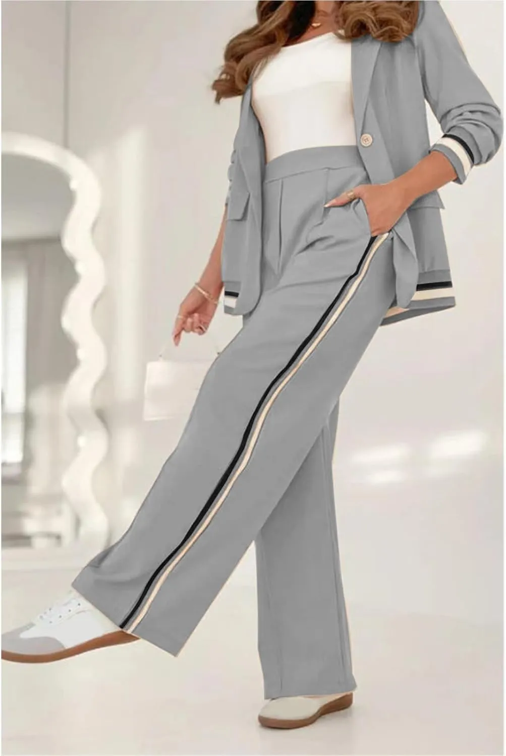 Women's Two Piece Sets Pants Suits 2 Piece Blazer Set Business Casual Blazer Jackets and Dressy Wide Leg Pant Suit Set