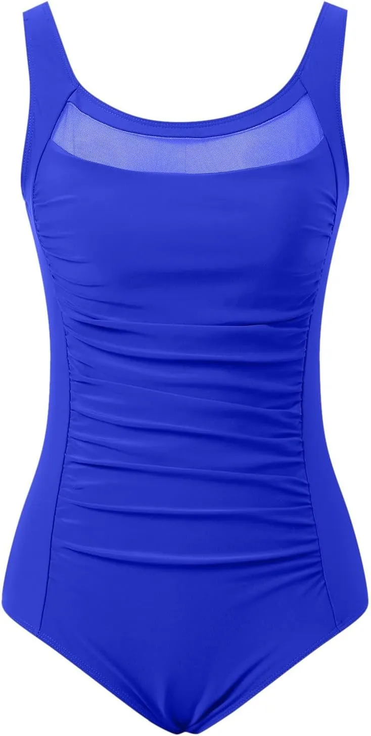 Women's Vintage Mesh One-Piece Swimsuit with Tummy Control & Crisscross U-Back  Modest Swimwear Bathing Suits