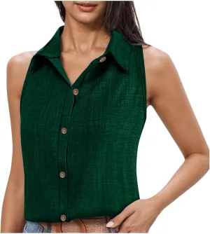 Women's Work Tops Button Down Linen Shirts Sleeveless Summer Blouses Business Casual Tshirts Trendy Tank Tops