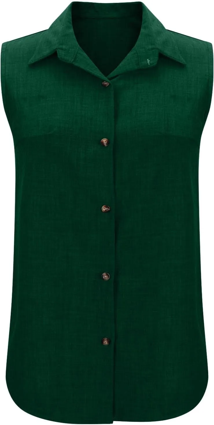Women's Work Tops Button Down Linen Shirts Sleeveless Summer Blouses Business Casual Tshirts Trendy Tank Tops