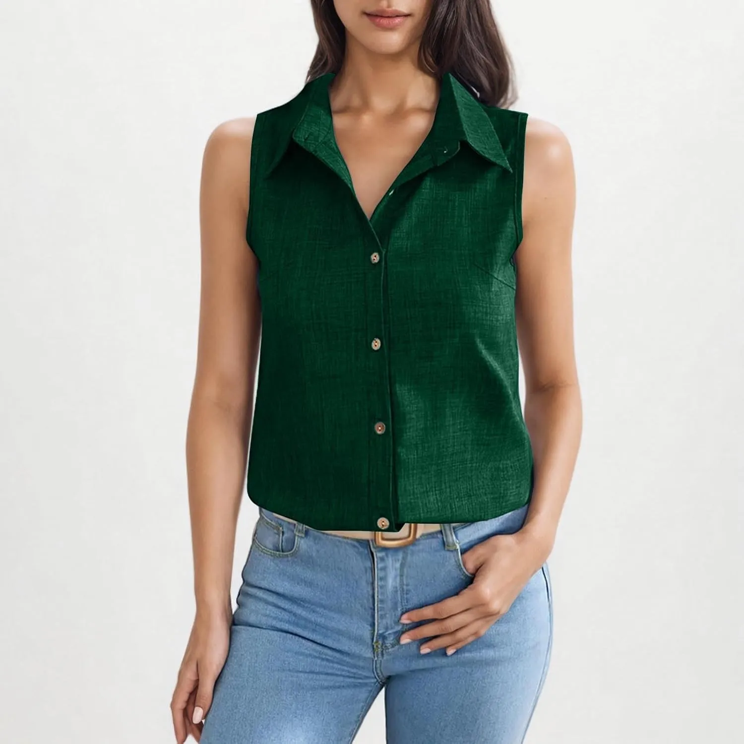 Women's Work Tops Button Down Linen Shirts Sleeveless Summer Blouses Business Casual Tshirts Trendy Tank Tops