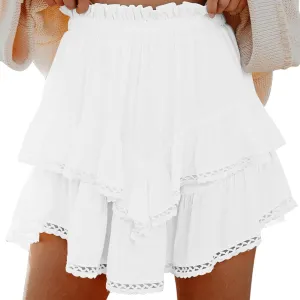 Womens Y2K High Waist Mini Skirt Lace Trim Tiered Ruffle Hem Cute Cake Skirts Summer Casual Loose Short Flared Skirt