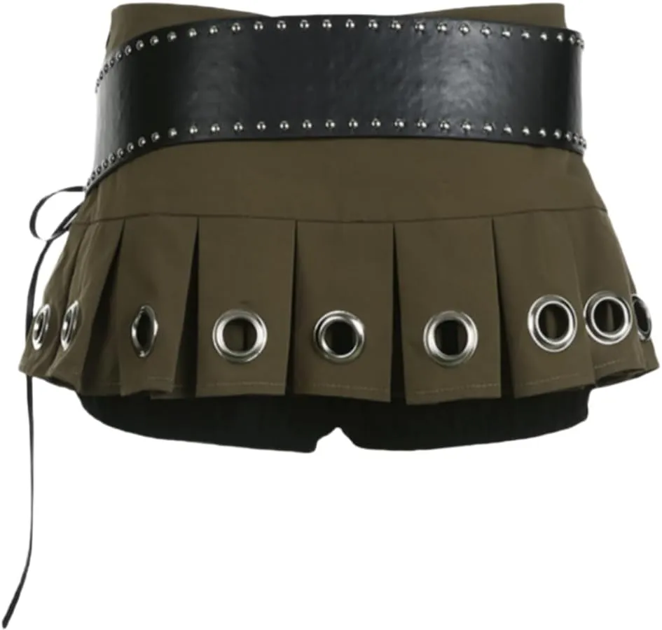Women's Y2K PU Leather Skirts Low Waisted Studded Belt Pleated Mini Clubwear Skirt