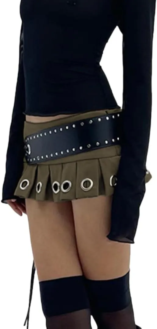 Women's Y2K PU Leather Skirts Low Waisted Studded Belt Pleated Mini Clubwear Skirt