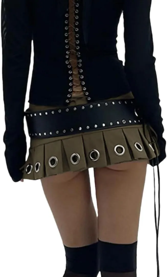 Women's Y2K PU Leather Skirts Low Waisted Studded Belt Pleated Mini Clubwear Skirt