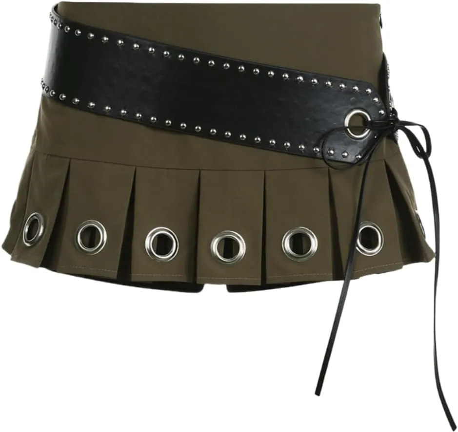 Women's Y2K PU Leather Skirts Low Waisted Studded Belt Pleated Mini Clubwear Skirt