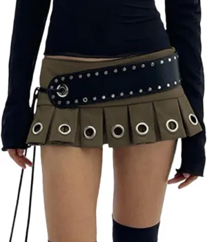 Women's Y2K PU Leather Skirts Low Waisted Studded Belt Pleated Mini Clubwear Skirt