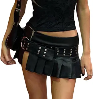 Women's Y2K PU Leather Skirts Low Waisted Studded Belt Pleated Mini Clubwear Skirt