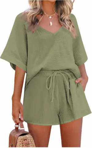 Workout Sets for Women Plus Size Outfits Cotton Linen V Neck Short Sleeve Tops Loose Fit Shorts Set Summer Outfits